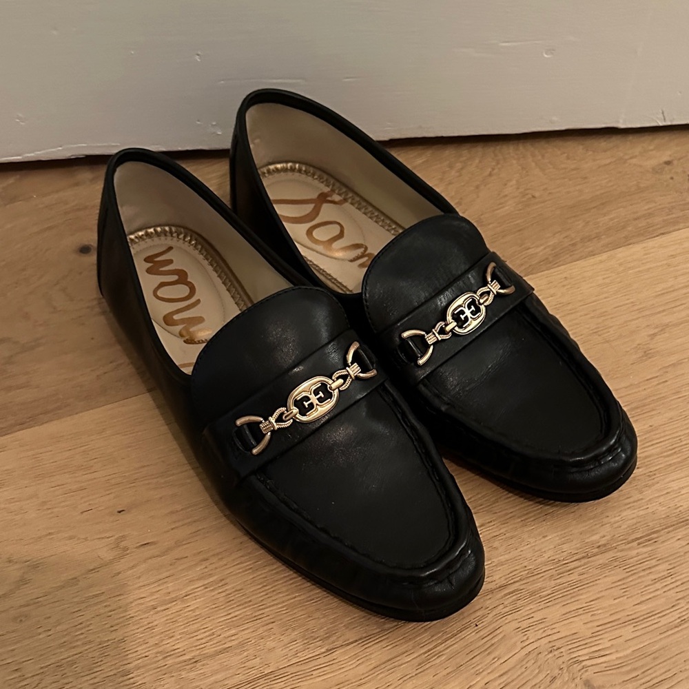 Sam Edelman Black Loafers with Gold Chain Detail 8.5